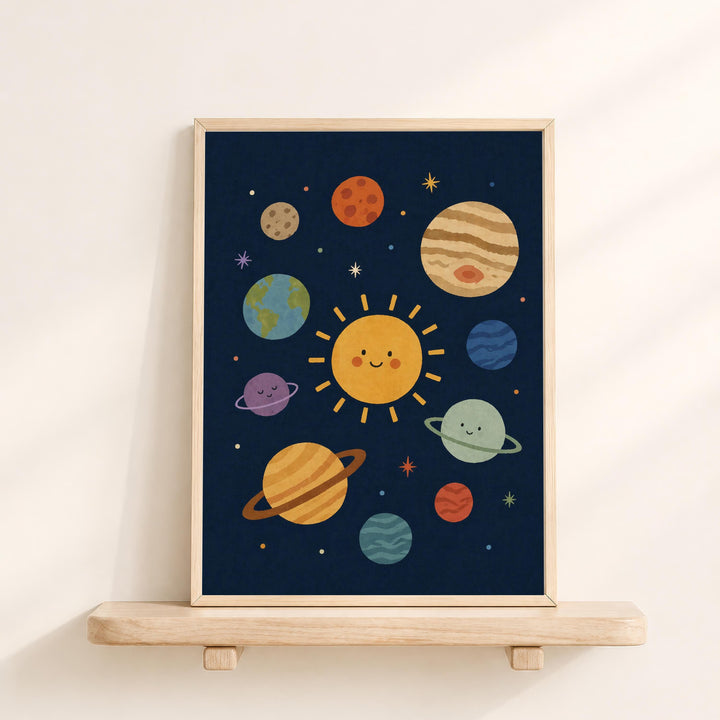 The image is a framed illustration depicting a solar system with planets, stars, and a smiling sun.
