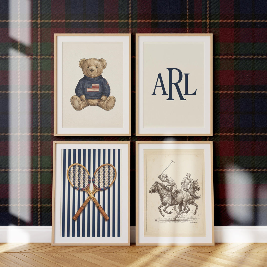 Personalized Preppy Nursery Art, Ralph Teddy Bear, Vintage Sports Kids Room
