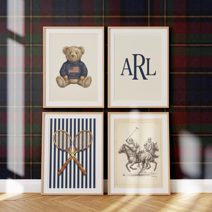 Personalized Preppy Nursery Art, Ralph Teddy Bear, Vintage Sports Kids Room