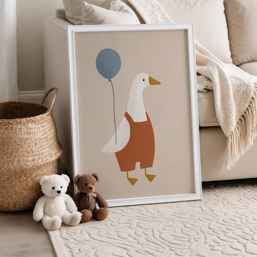 a picture of a duck with a balloon and a teddy bear