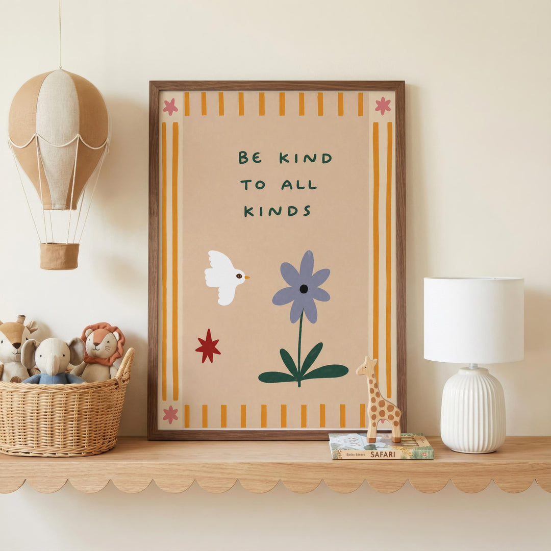 a framed poster with a motivational message, a hot air balloon, a basket of stuffed animals, a lamp, and a shelf with books.