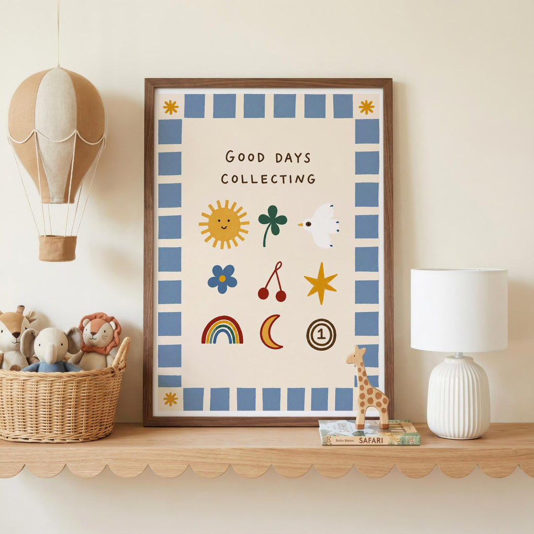 a framed poster with a cheerful message, surrounded by various toys and decorations on a shelf.