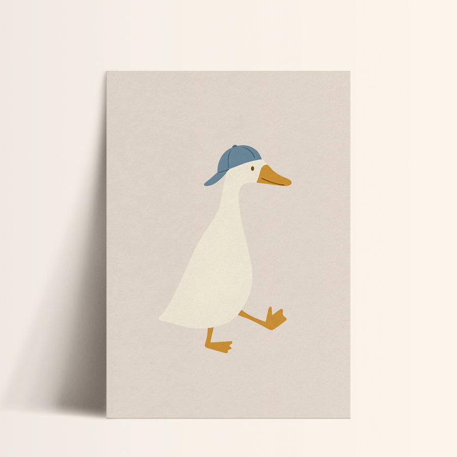 a card with a duck wearing a blue hat