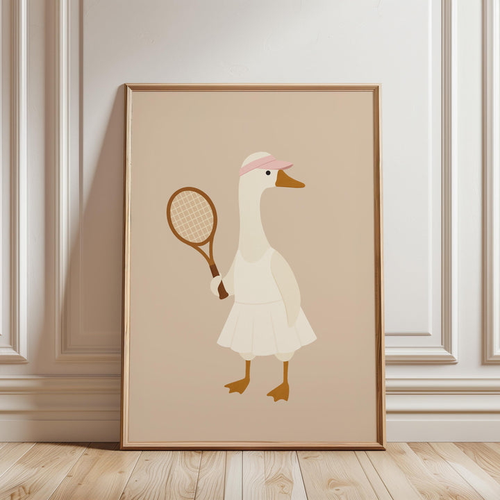 a picture of a duck with a tennis racket