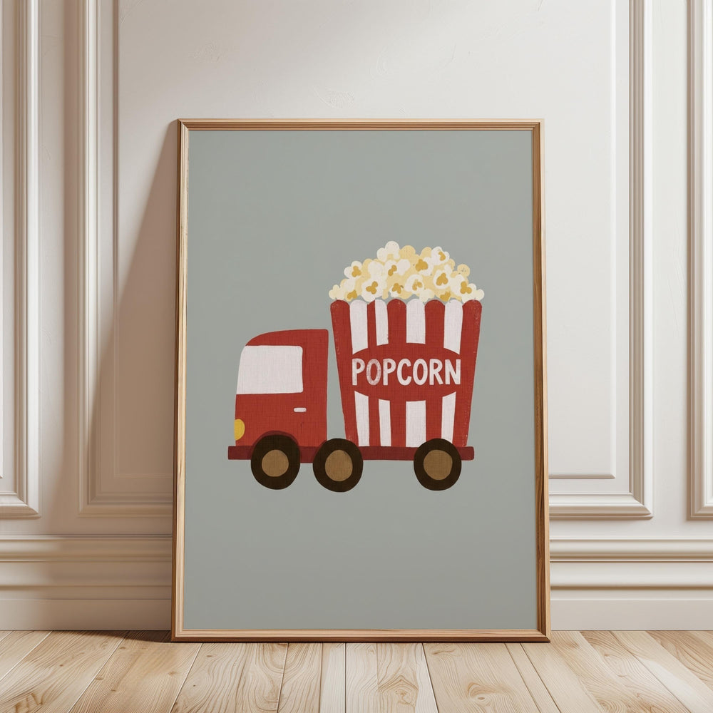 A framed illustration of a red and white popcorn truck with a large bucket of popcorn on the back, set against a light green background.