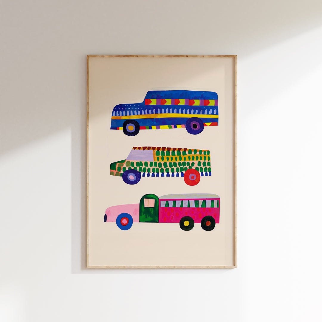 a picture of a bus and a bus on a wall