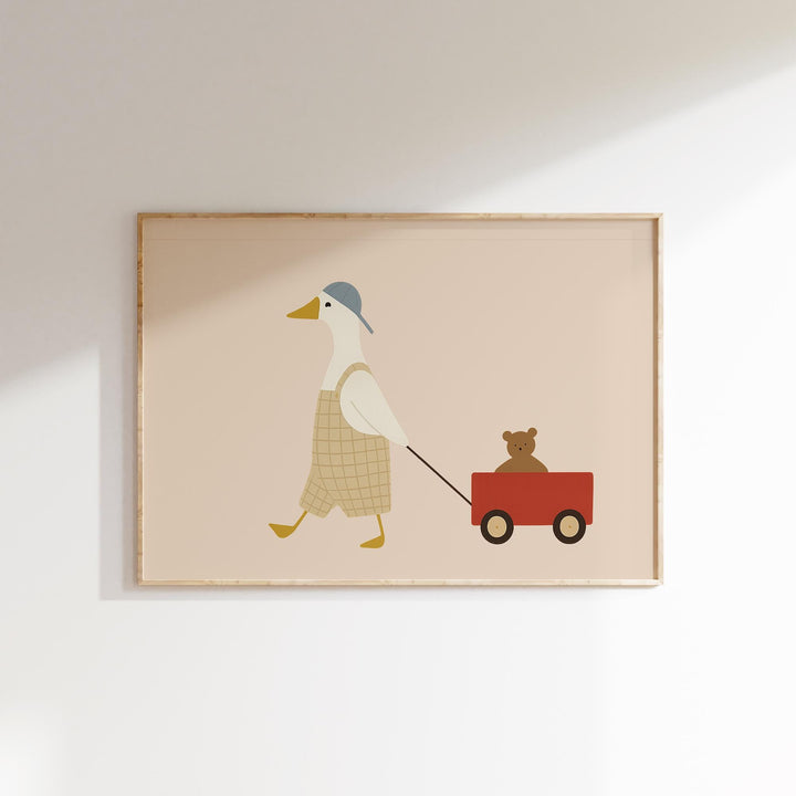 a picture of a duck pulling a wagon with a teddy bear