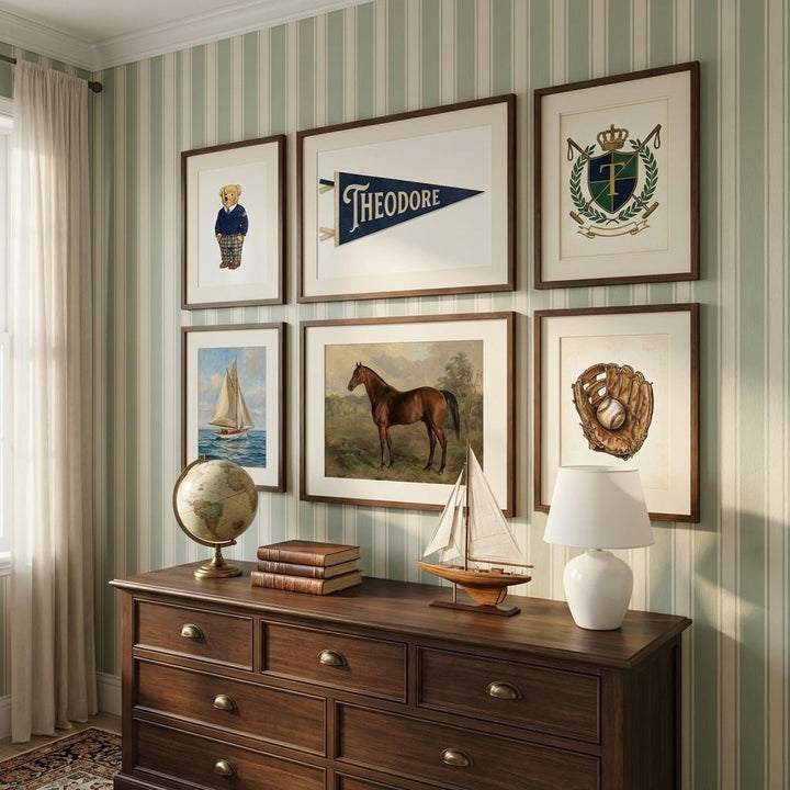 Ralph Bear Nursery Wall Art Set of 6, Custom Preppy Gallery Wall, Personalized Pennant Name Print, Classic Boys Room Decor