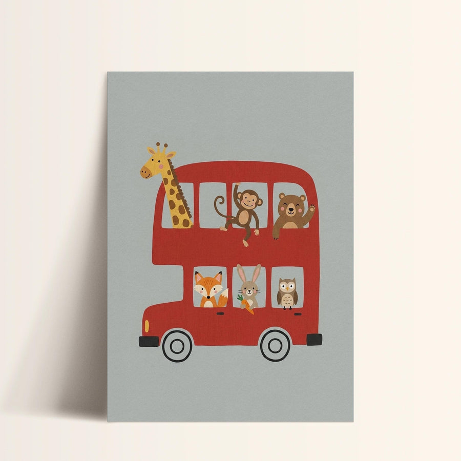A red double-decker bus with various cartoon animal characters, including a giraffe, monkey, bear, rabbit, and owl, riding on the top deck.