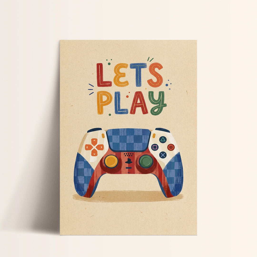 A colorful illustration of a video game controller with the text "LET'S PLAY" written above it.