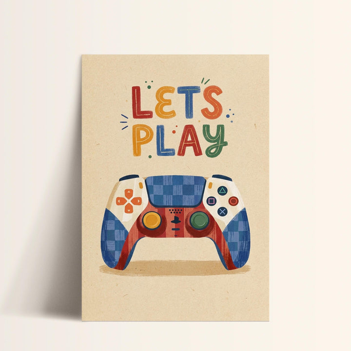 A colorful illustration of a video game controller with the text "LET'S PLAY" written above it.