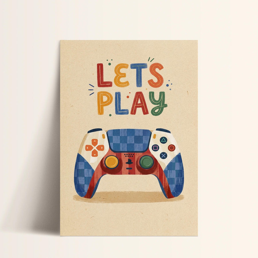 A colorful illustration of a video game controller with the text "LET'S PLAY" written above it.