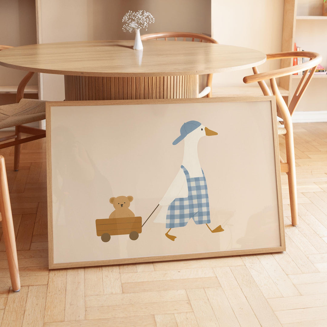 a picture of a duck pulling a teddy bear