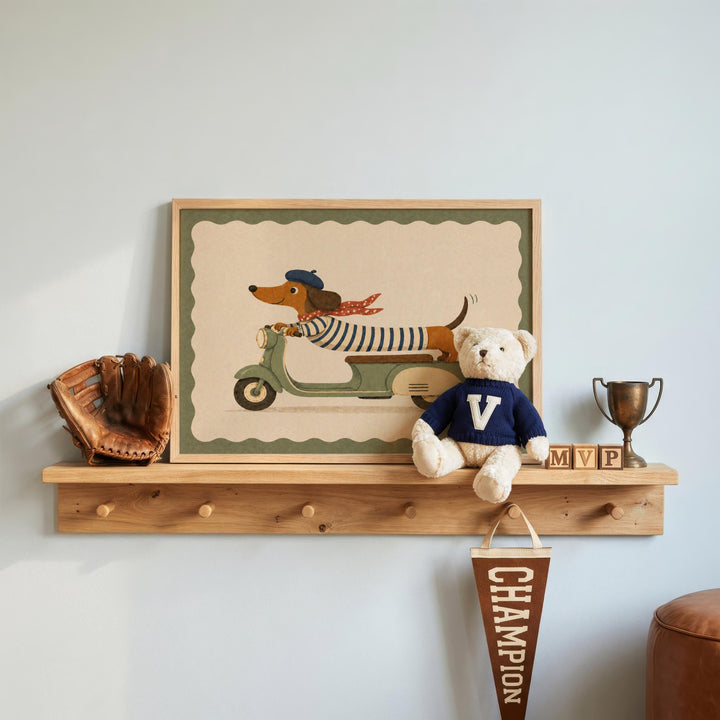 a shelf with various items, including a framed picture of a dog riding a moped, a teddy bear, a baseball glove, and a trophy.