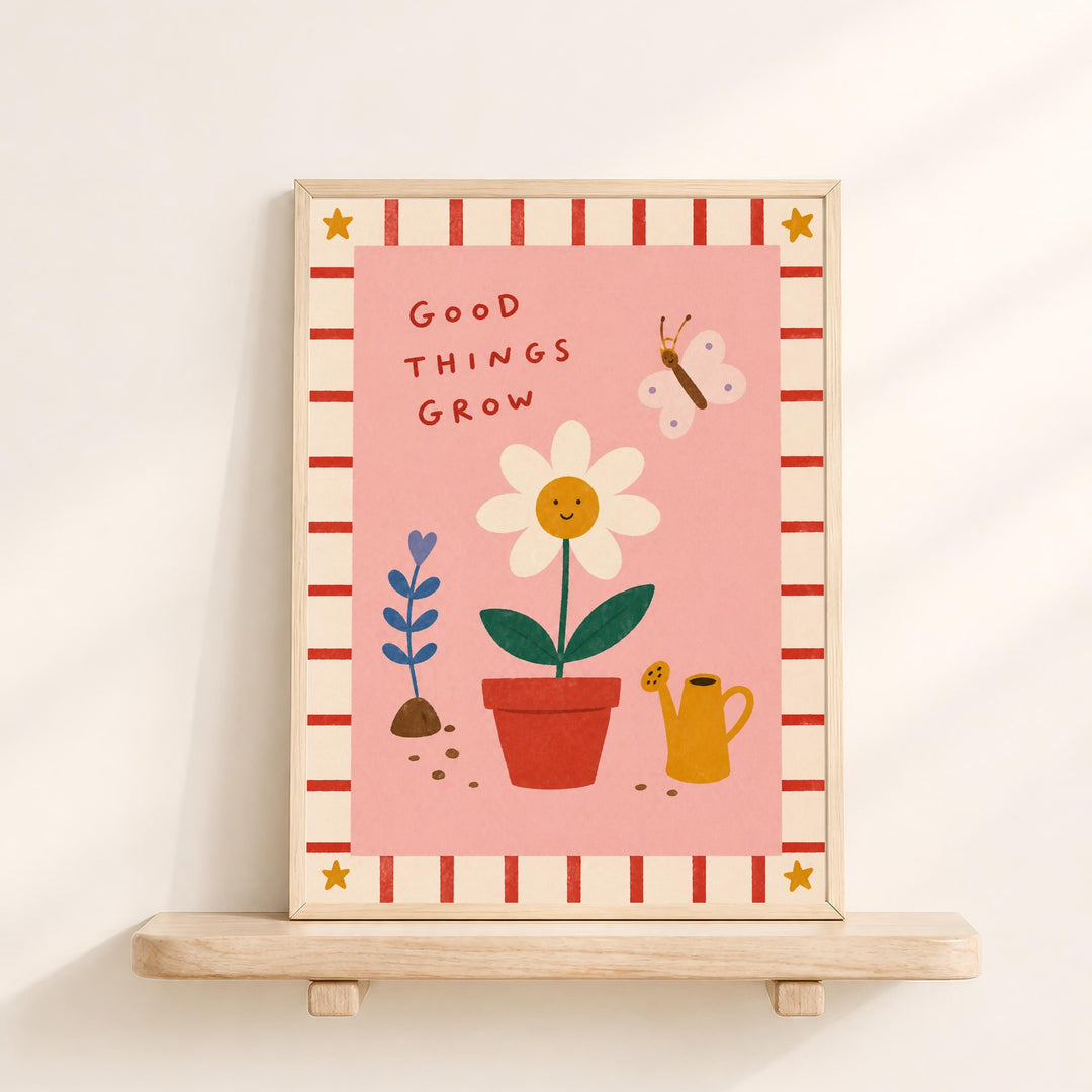 The image is a framed illustration of a flower with a smiling face, surrounded by various garden-related objects such as a watering can and a butterfly.