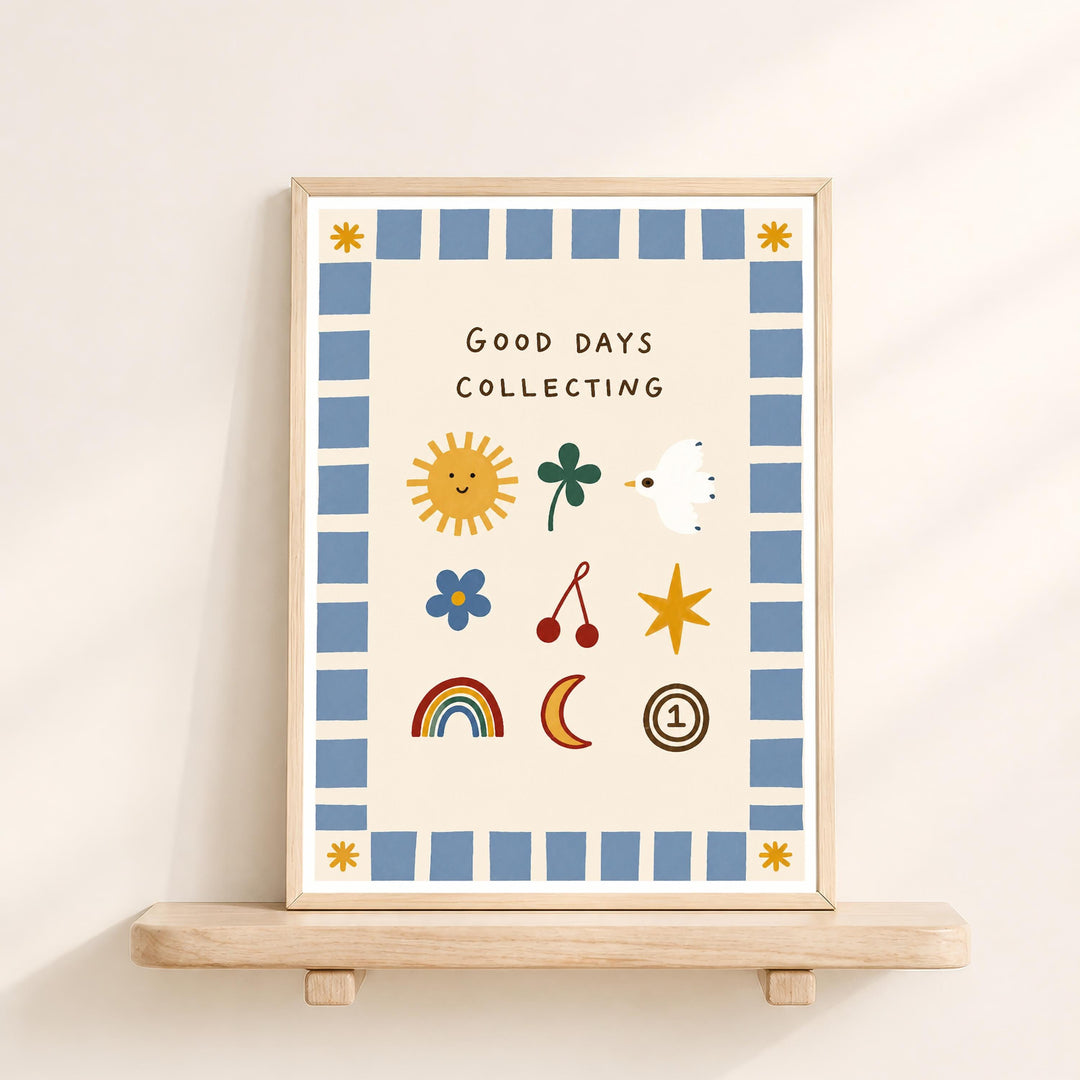 The image is a framed poster with a cheerful and colorful design, featuring various symbols such as a sun, flowers, stars, and a bird. The text on the poster reads "Good days collecting".