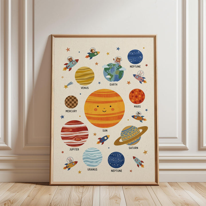 The image is a framed poster depicting various planets and celestial bodies, including Earth, Mars, Jupiter, Saturn, Uranus, and Neptune, along with their names and some other space-themed elements.