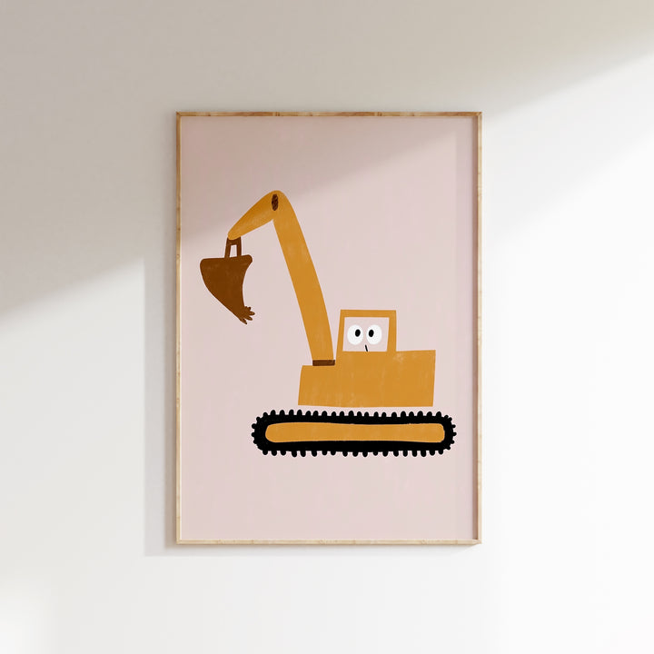 a framed picture of a bulldozer on a wall