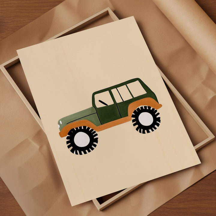a card with a green and orange jeep on it