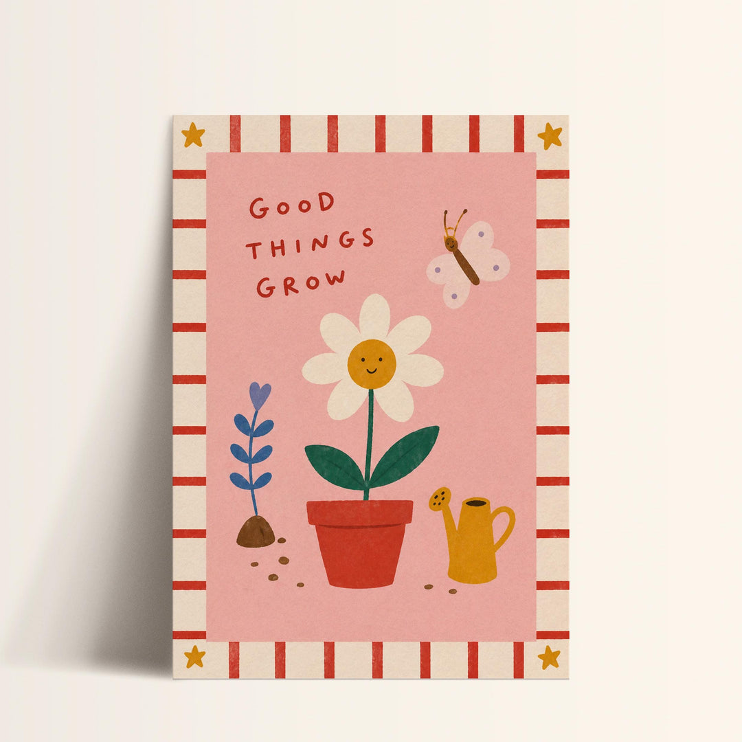 The image is a colorful illustration featuring a flower, a watering can, and a butterfly, with the text "Good things grow" written above the flower.