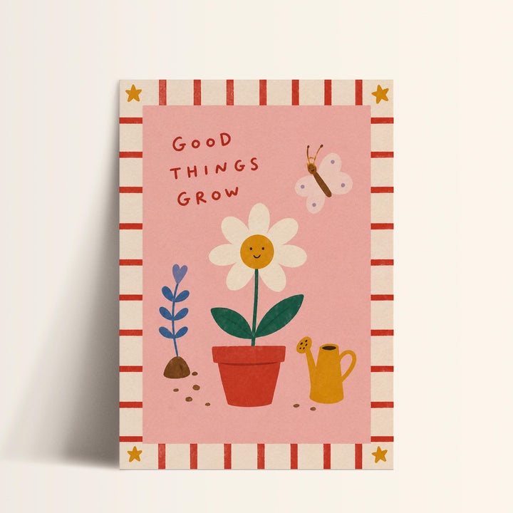 The image is a colorful illustration featuring a flower, a watering can, and a butterfly, with the text "Good things grow" written above the flower.