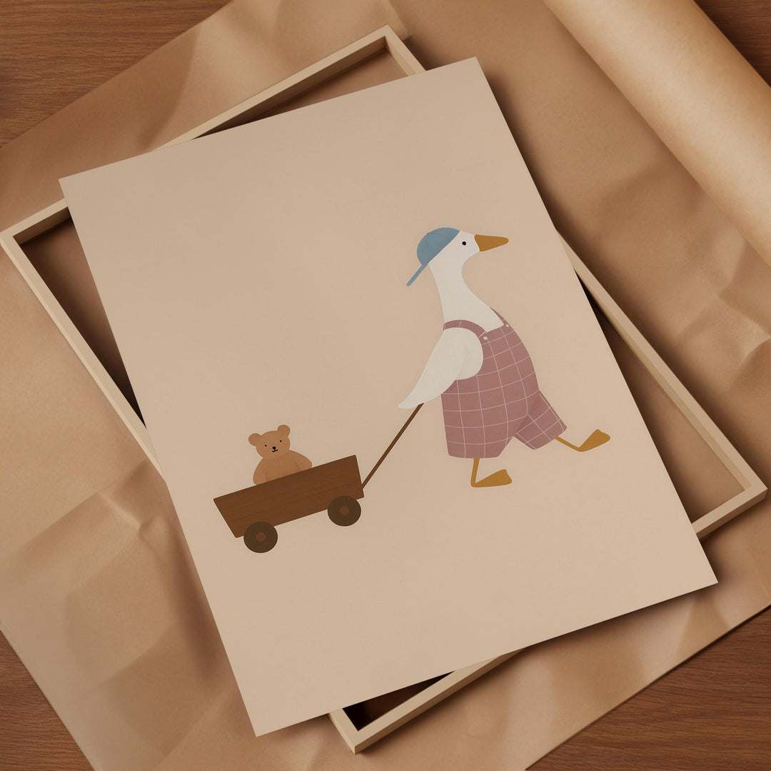 a picture of a duck pulling a wagon with a teddy bear