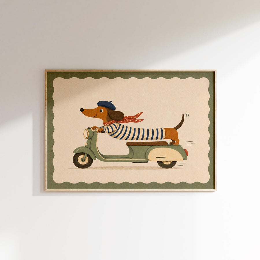 A framed illustration of a dog wearing a striped shirt and a hat, riding a green scooter.