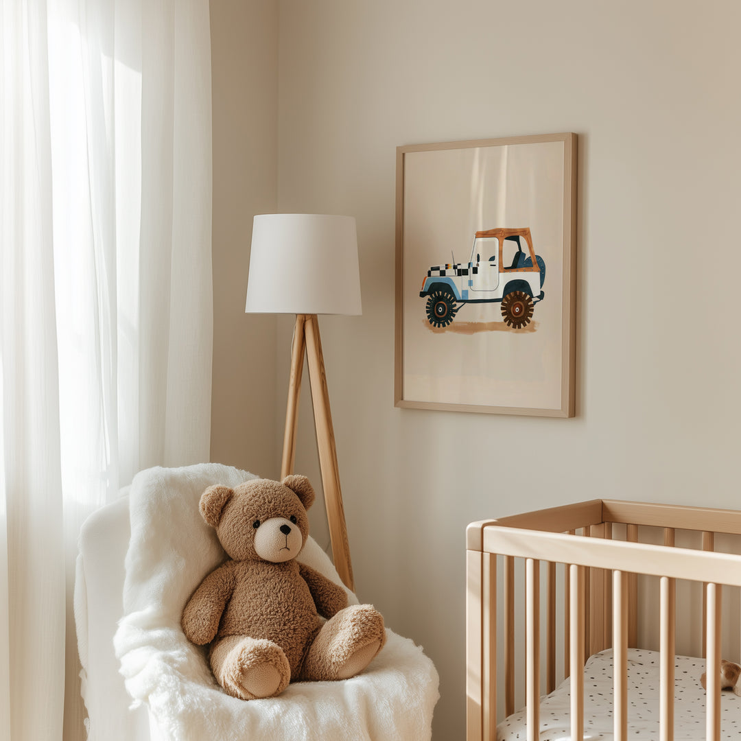 a teddy bear sitting in a chair next to a crib