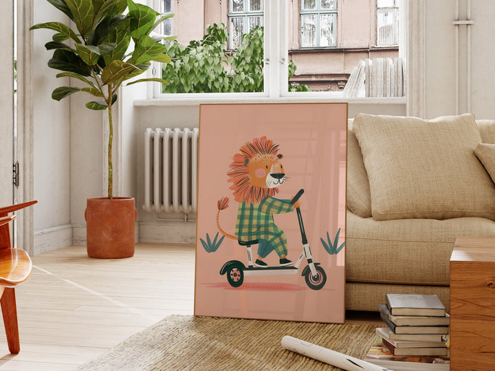 a picture of a lion riding a scooter
