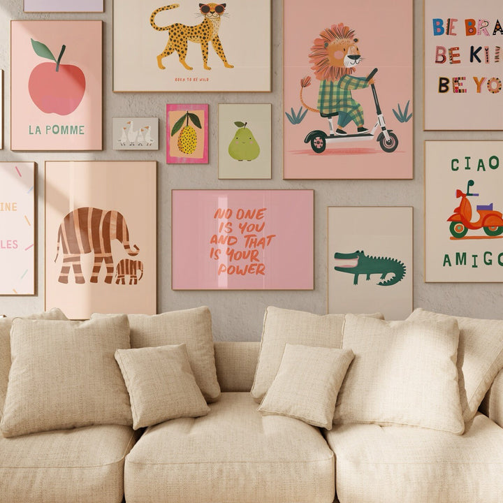 a living room filled with lots of art on the wall