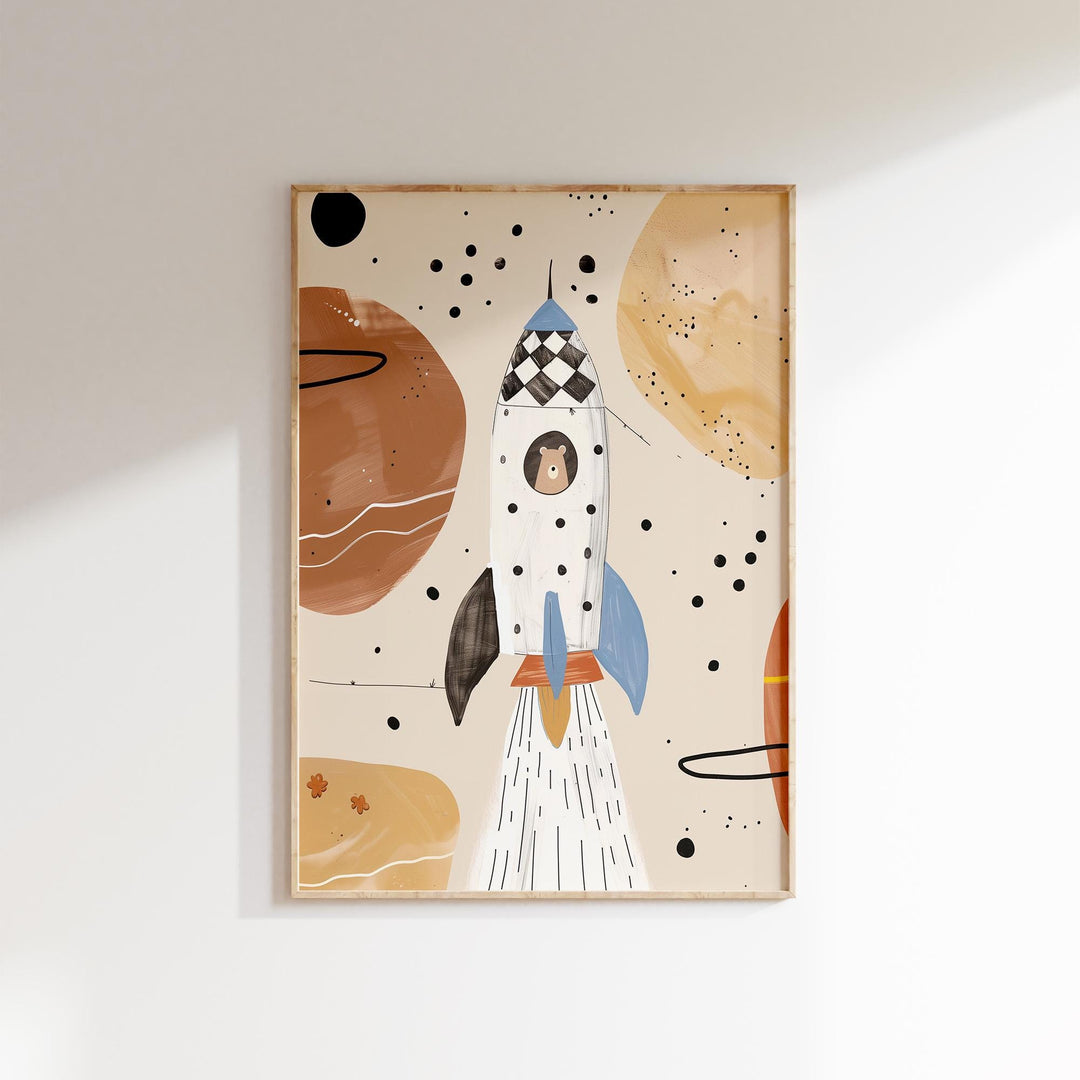 a painting of a rocket ship on a white wall