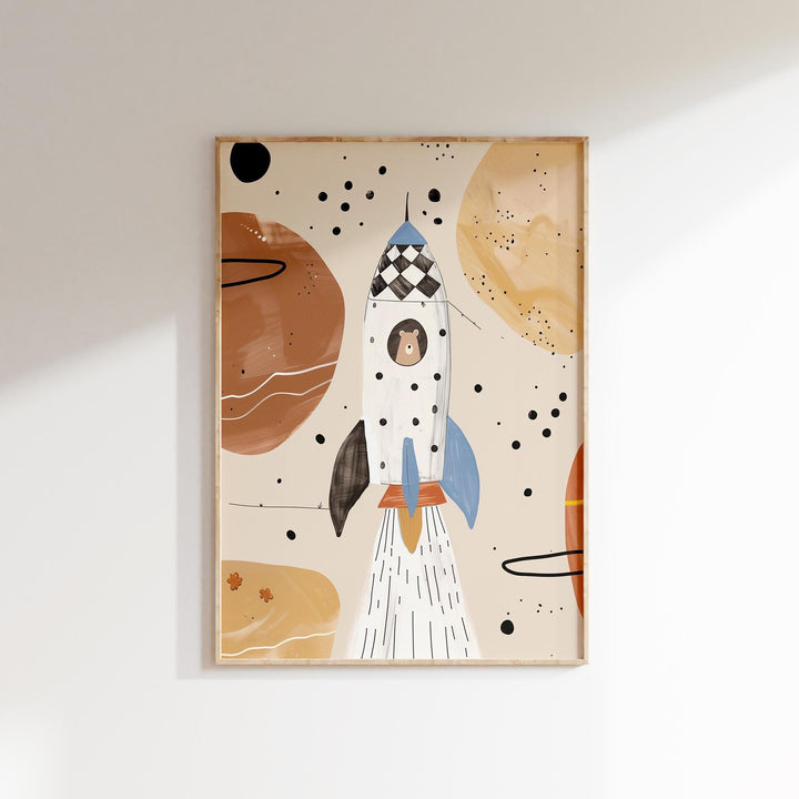 a painting of a rocket ship on a white wall