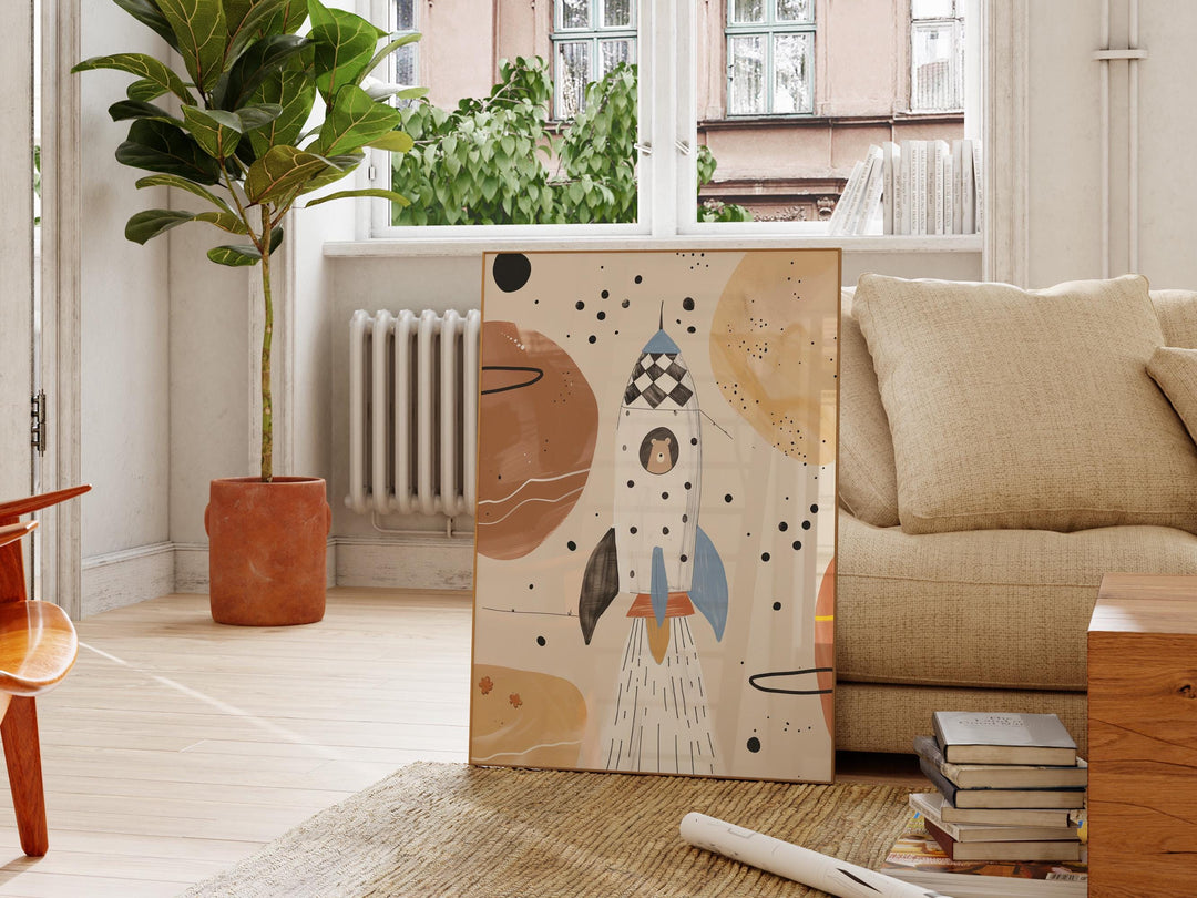 a living room with a couch and a painting on the wall