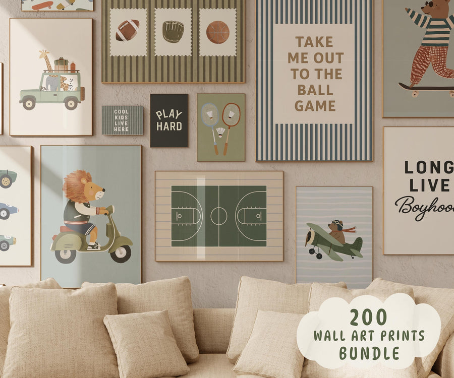 Sports : Retro Boys Basketball & Football Printable Wall Art Bundle