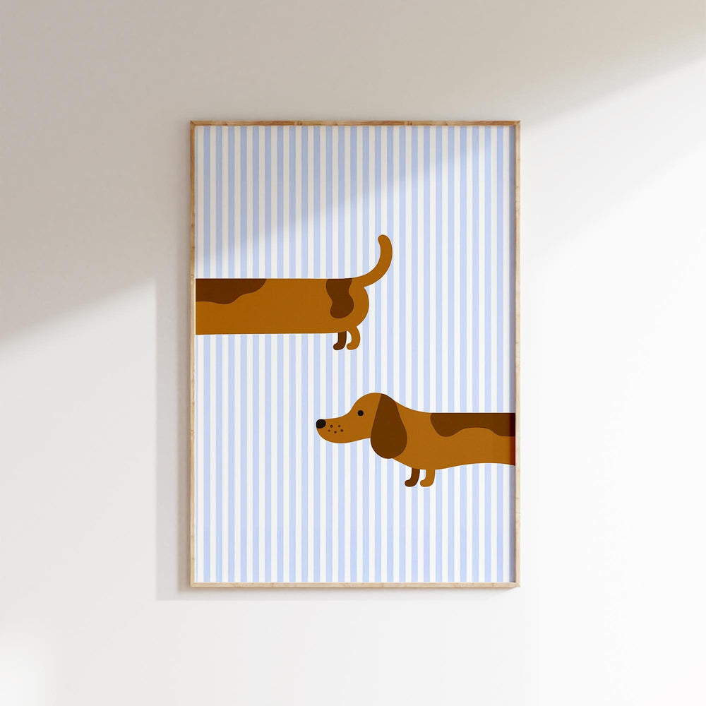 Long dachshund dog nursery print on blue striped background