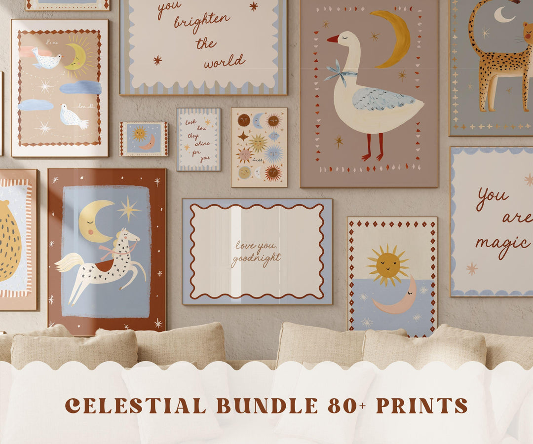 80 Whimsical Celestial Folk Art Boho Printable Wall Art Bundle