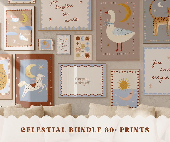 80 Whimsical Celestial Folk Art Boho Printable Wall Art Bundle
