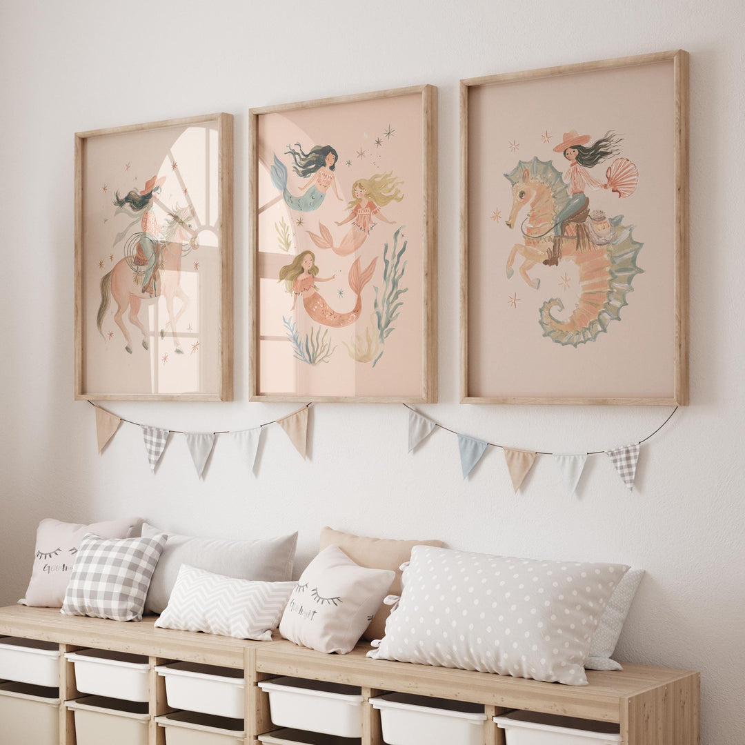 Mermaid Cowgirl & Sea Life Coastal Vintage Girls Room Printable Wall Art Bundle