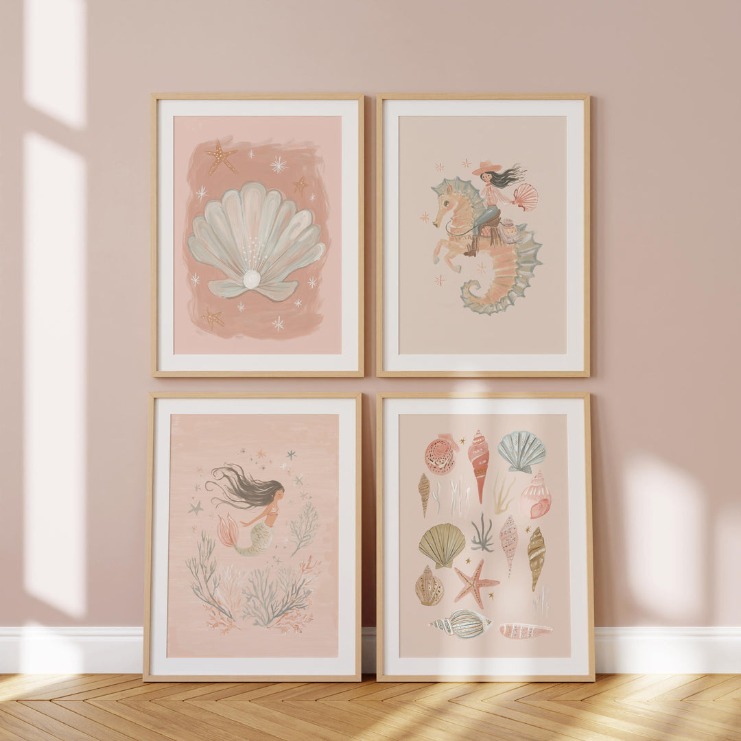 Mermaid Cowgirl & Sea Life Coastal Vintage Girls Room Printable Wall Art Bundle
