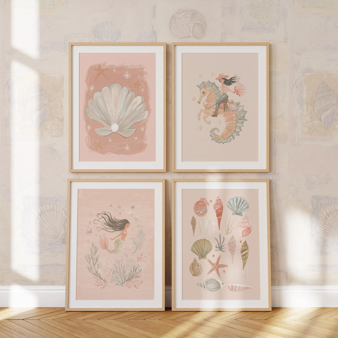 Mermaid Cowgirl & Sea Life Coastal Vintage Girls Room Printable Wall Art Bundle