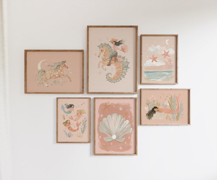 Mermaid Cowgirl & Sea Life Coastal Vintage Girls Room Printable Wall Art Bundle