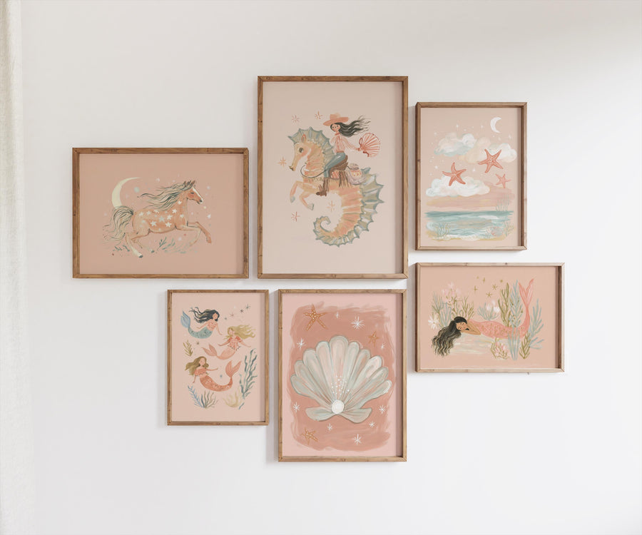 Mermaid Cowgirl & Sea Life Coastal Vintage Girls Room Printable Wall Art Bundle