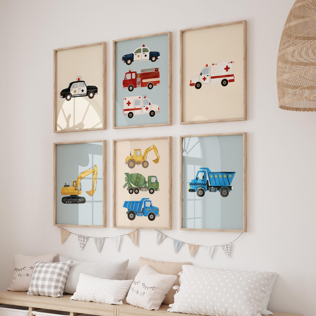 Watercolor Vehicle Construction Emergency Cars Trucks Of 35 Downloads Printable Wall Art Bundle