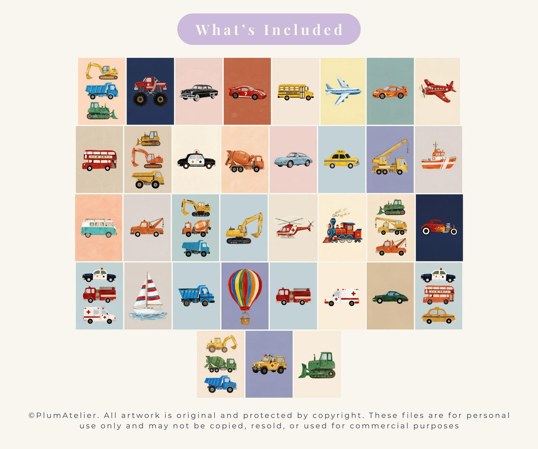 Watercolor Vehicle Construction Emergency Cars Trucks Of 35 Downloads Printable Wall Art Bundle
