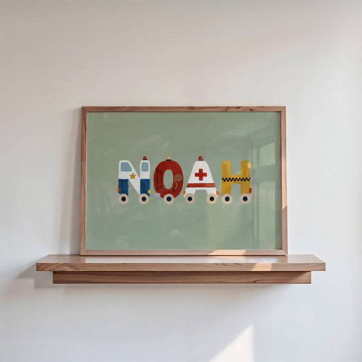 Personalised custom name print made of cars and trucks