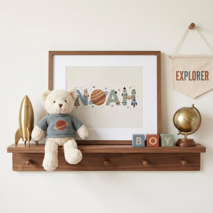 Personalised custom space name print with rockets and planets