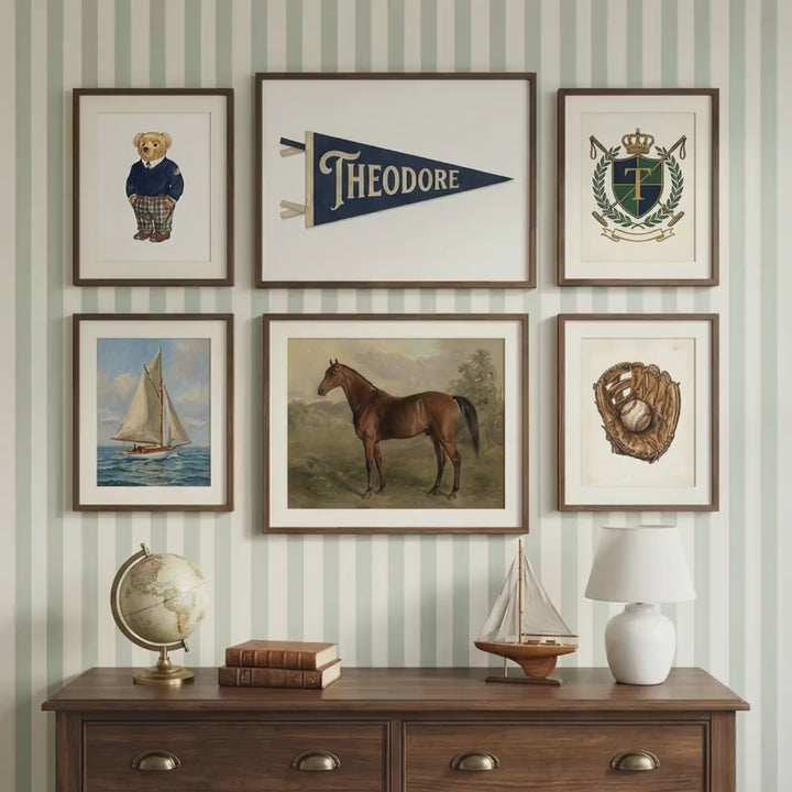 Ralph Bear Nursery Wall Art Set of 6, Custom Preppy Gallery Wall, Personalized Pennant Name Print, Classic Boys Room Decor